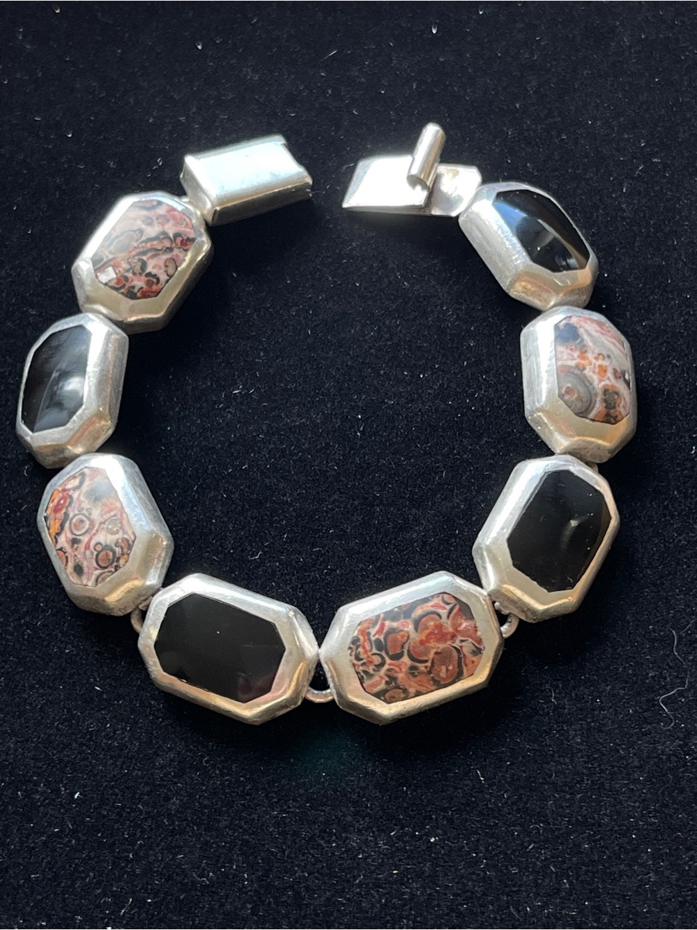 Vintage Taxco 925 Silver Onyx Ocean Jasper Inlay Panel Bracelet 7” 36.2g